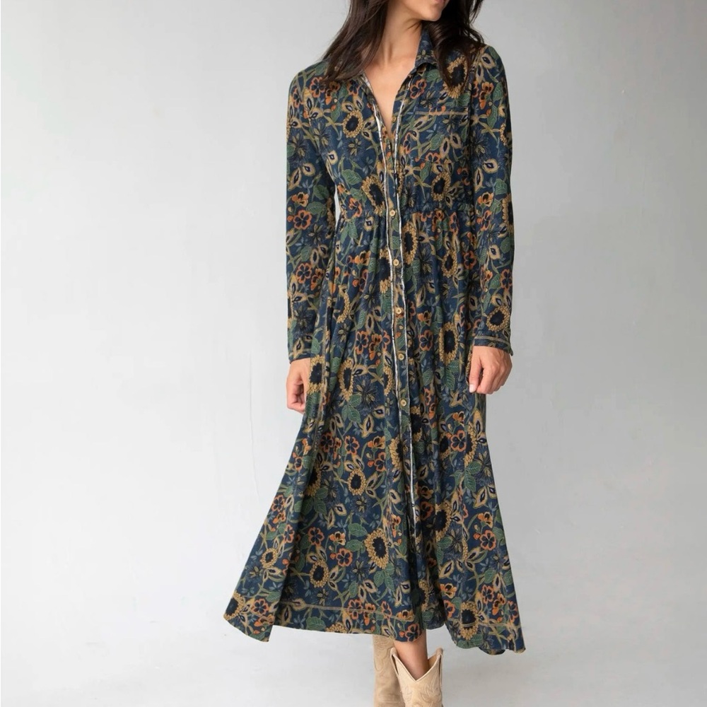 NATURAL LIFE Floral Long Sleeve Dress - Blue and Gold